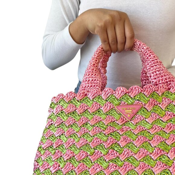 PRADA Vintage Logo Raffia Mini Tote Bag Pink Green Polyethylene [105145] - Picture 2 of 11